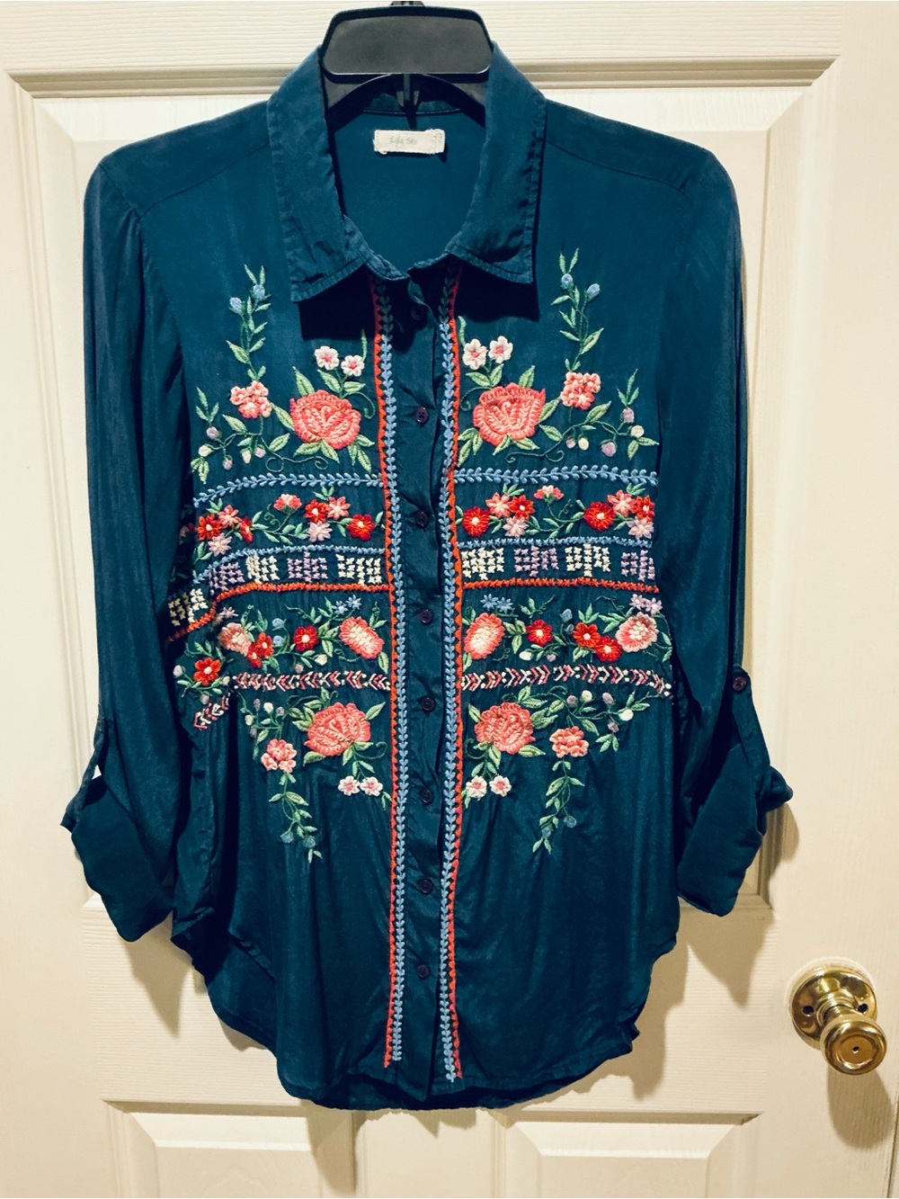 Kyla Seo Indie Sleaze Deep Sea Blue Artsy Embroidered Floral Button Tunic SZ Med